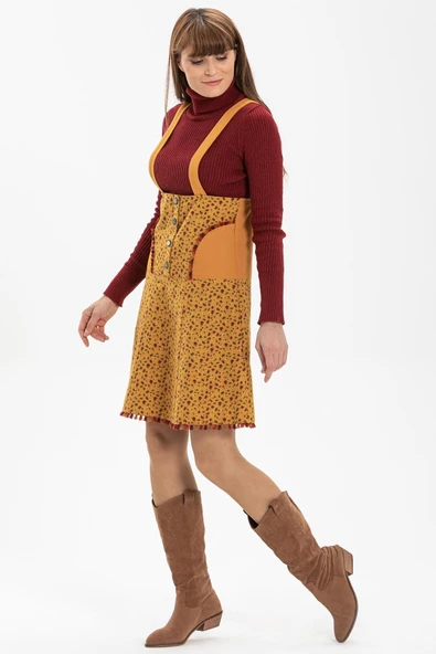 Salopet Pazen Kısa Sonbahar ve Kışlık Etek Çıtır Desen Hardal Hrd