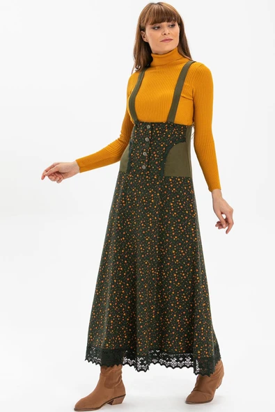 Salopet Pazen Uzun Sonbahar ve Kışlık Etek Çıtır Desen Haki Hk L Haki