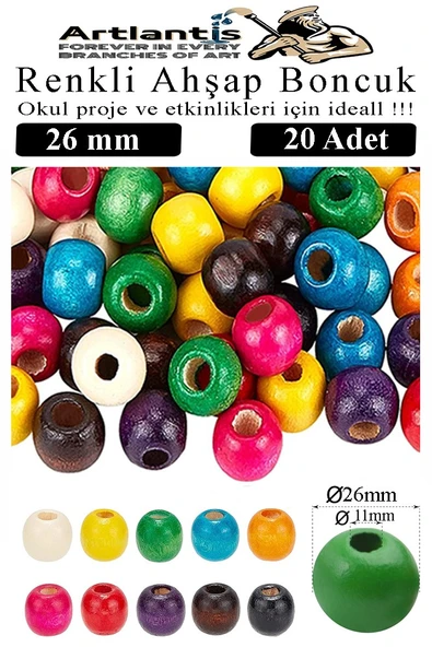 Renkli Ahşap Boncuk 26mm 20 li 1 Paket Renkli Ahşap Boyalı Yuvarlak Doğal Boncuklar Saç Takı Tasarım Ektinlik Kreş Okul