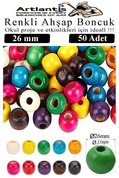 Renkli Ahşap Boncuk 26mm 50 li 1 Paket Renkli Ahşap Boyalı Yuvarlak Doğal Boncuklar Saç Takı Tasarım Ektinlik Kreş Okul
