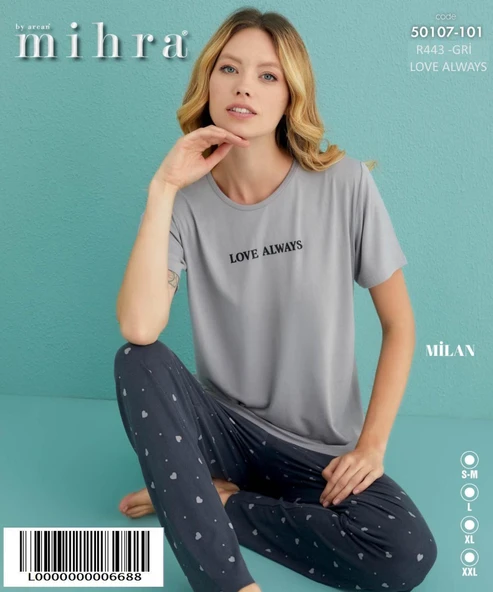 Mihra Kadın Bisiklet Yaka MİLAN Likralı Kısa Kol Pijama Takımı 50107/101 - 1 Adet  XL Gri - 2