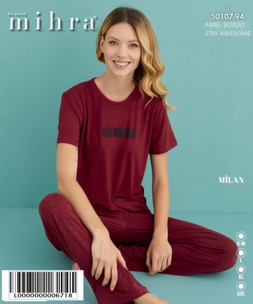 Mihra Kadın Bisiklet Yaka MİLAN Likralı Kısa Kol Pijama Takımı 50107/94- 1 Adet  Bordo 2XL - Resim 2