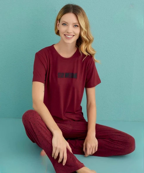 Mihra Kadın Bisiklet Yaka MİLAN Likralı Kısa Kol Pijama Takımı 50107/94- 1 Adet  Bordo S - M