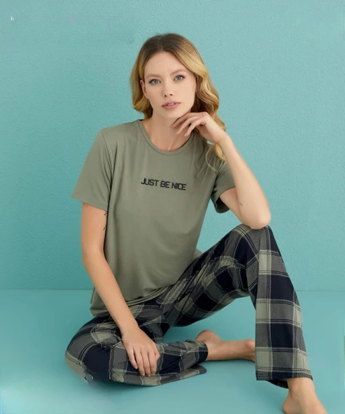 Mihra Kadın Bisiklet Yaka MİLAN Likralı Kısa Kol Pijama Takımı 50107/100 - 1 Adet  Yeşil S - M