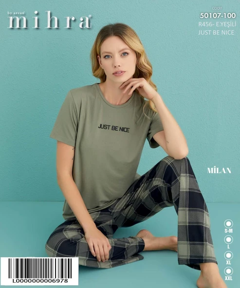 Mihra Kadın Bisiklet Yaka MİLAN Likralı Kısa Kol Pijama Takımı 50107/100 - 1 Adet  Yeşil 2XL - 2
