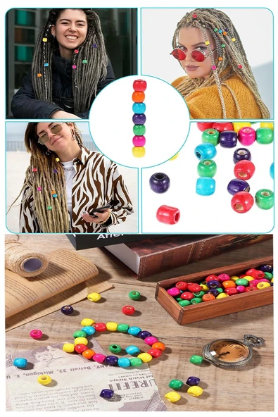 Renkli Ahşap Boncuk 300 lü 1 Paket Renkli Ahşap Boyalı Yuvarlak Doğal Boncuklar Saç Takı Tasarım Etkinlik Kreş - 2