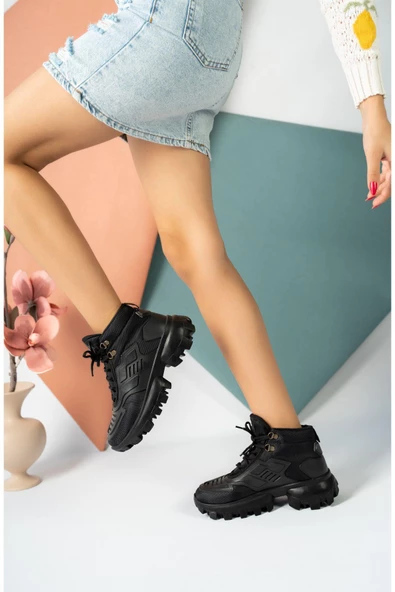 Muggo TİNA Garantili Kadın Kalın Tabanlı Bağcıklı Sneakers Spor Bot