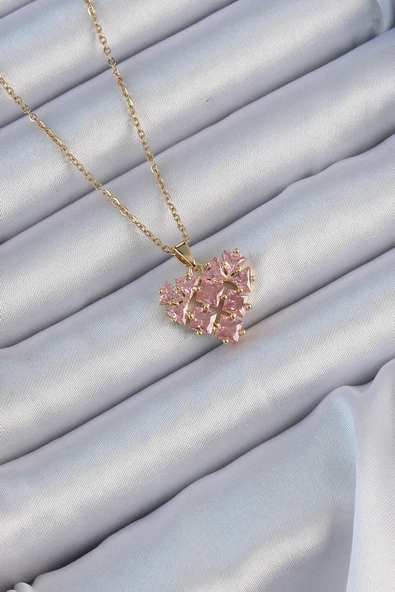 316L Çelik Zincir Altın Renk Pembe Parçalı Zirkon Taşlı Kalp Kolye - TJ-BKO9163 ürün görseli 1