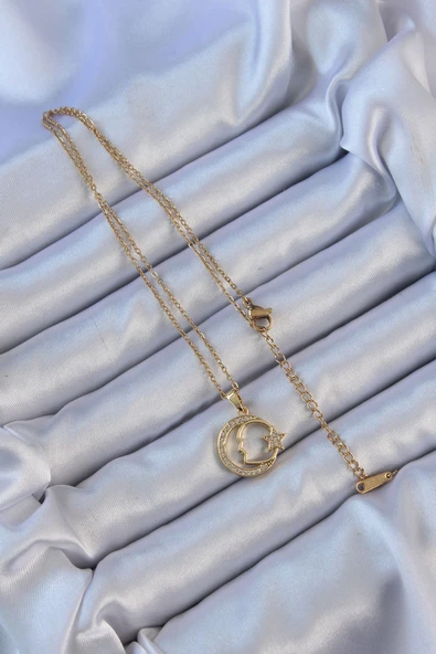 316L Çelik Zincir Altın Renk Zirkon Taşlı Ay Yıldız Simgeli Atatürk Kolye - TJ-BKO9117 - Resim 2