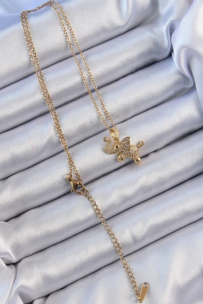 316L Çelik Zincir Altın Renk Zirkon Taşlı Fil Kolye - TJ-BKO9091 - 2