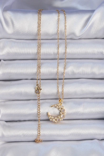 316L Çelik Zincir Altın Renk Zirkon Taşlı Ay Kolye - TJ-BKO9073 - Resim 2