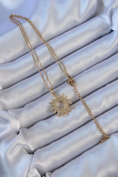 316L Çelik Zincir Altın Renk Zirkon Taşlı Parlayan Güneş Kolye - TJ-BKO9105 - 2