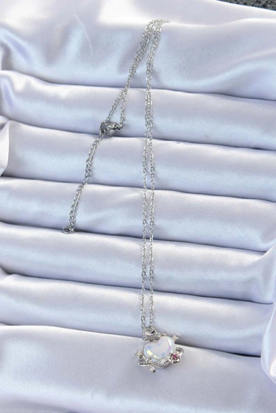 316L Çelik Zincir Gümüş Renk Zirkon Taşlı Gezegen Görünümlü Kalp Kolye - TJ-BKO9218 - 2