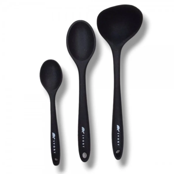 3'lü silikon set 1 kepçe 1 kaşık (27.5cm) 1 kaşık (20 cm) SİYAH
