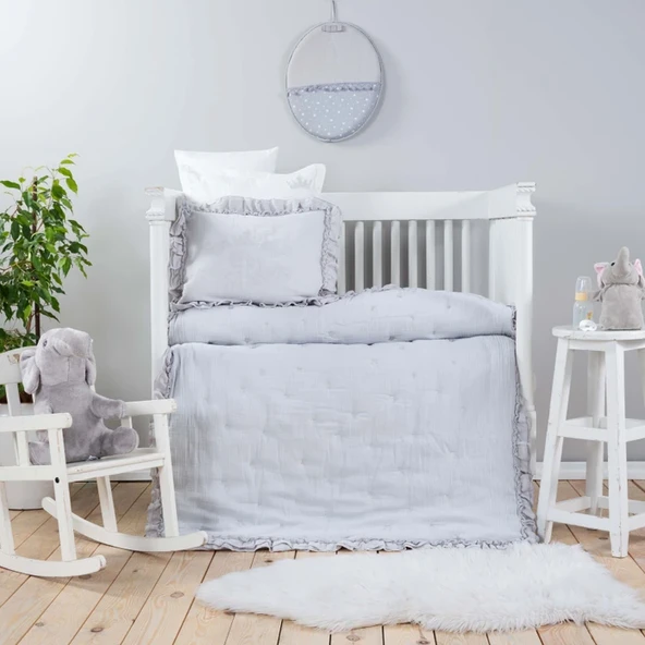 Karaca Home Royale Gri %100 Pamuk Müslin Nakışlı Private Bebek Yorgan Seti