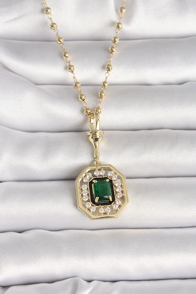 316L Çelik Gold Renk Topçuk Zincir Yeşil Taşlı Seranay Model Kadın Kolye - TJ-BKO9901