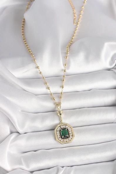 316L Çelik Gold Renk Topçuk Zincir Yeşil Taşlı Seranay Model Kadın Kolye - TJ-BKO9901 - 2