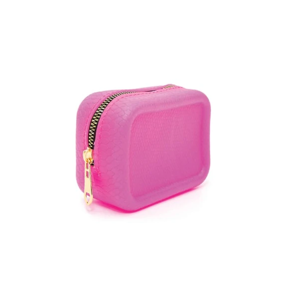 Pembe Aromatik Kokulu Piton Yılan Desenli Ruj-Takı-Toka ve Ped için Fermuarlı Çanta