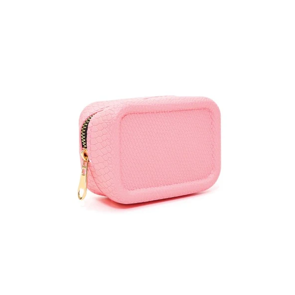 Toz Pembe Aromatik Kokulu Piton Yılan Desenli Ruj-Takı-Toka ve Ped için Fermuarlı Çanta