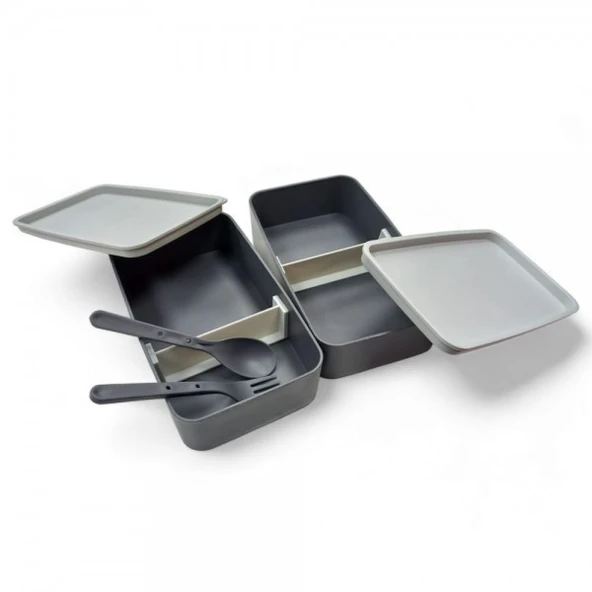 dikdörtgen 2 katlı plastik beslenme ve saklama kabı 19x11x10x siyah ürün görseli