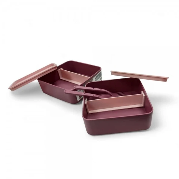 Kare 2 katlı plastik beslenme ve saklama kabı  14x10x pembe ürün görseli