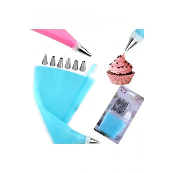 Krema Sıkma Torbası 6 Farklı Çelik Uç Krema Pompası Mavi - Fırça Hediyeli ürün görseli
