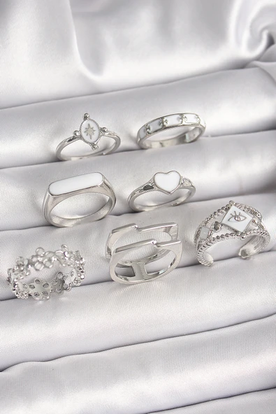 Pirinç Gümüş Renk Beyaz Mineli Kalp Çiçek Detay Kadın Yüzük Kombin - TJ-BYK3648