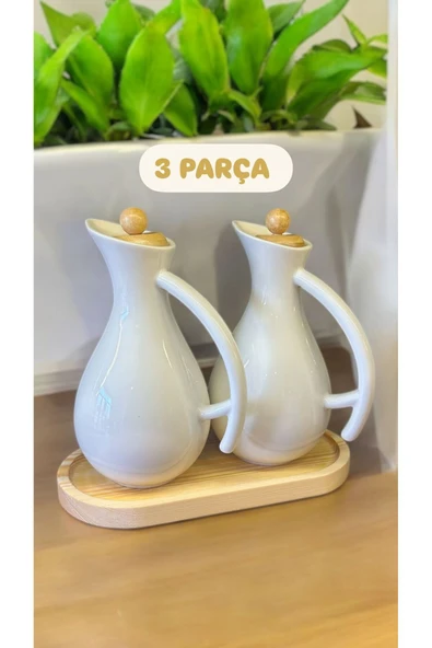 Fiona 700 Cc 3 Parça Ahşap Standlı 2'li Porselen Yağlık Seti - Bambu Kapaklı Yağdanlık Sirkelik Set ürün görseli