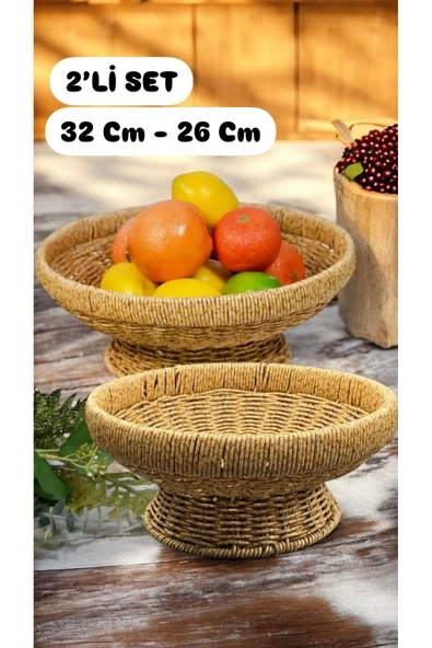 2'Li Set Yuvarlak 32 Cm ve 26 Cm Ayaklı Meyvelik 700696 Dekoratif Hasır Sunumluk Seti