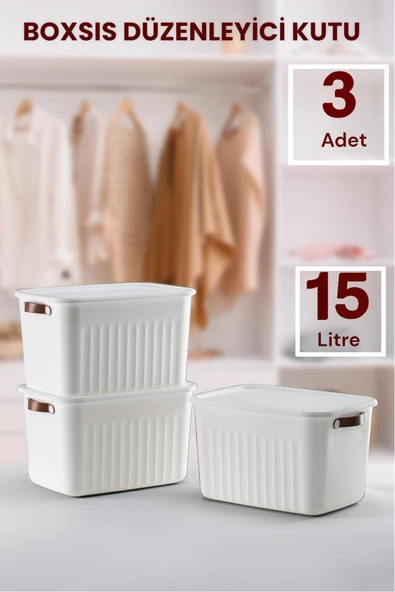 Boxsıs 3 Adet 15 Lt  Düzenleyici Kapaklı Kutu Storage Dekoratif Dolap İçi Organizer