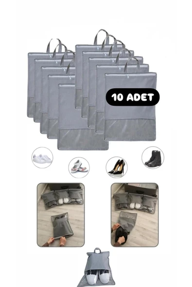 10 Adet Kumaş Ayakkabı Saklama Çantası - Şeffaf Pencereli Bavul Düzenleyici Ayakkabı Hurcu