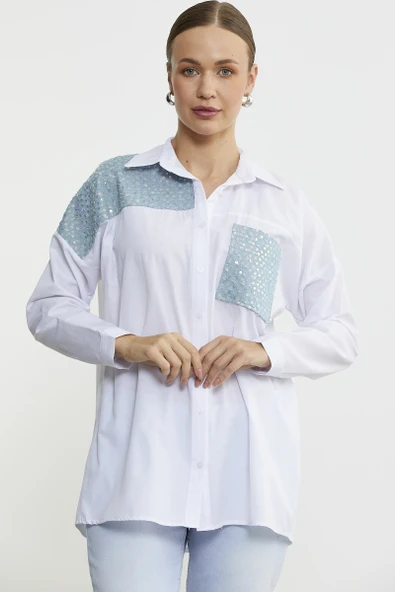 Pul Detaylı Patchwork Oversize Gömlek - Beyaz - 3