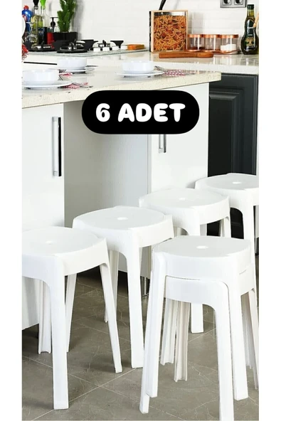 6 Adet Beyaz Kaymaz Ayaklı Dekoratif Iç Içe Geçebilen Plastik Tabure Mutfak Bahçe Taburesi