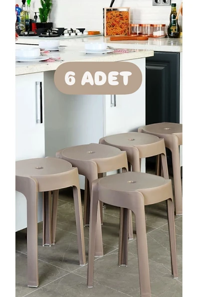 6 Adet Latte Kaymaz Ayaklı Dekoratif Iç Içe Geçebilen Plastik Tabure Mutfak Bahçe Taburesi