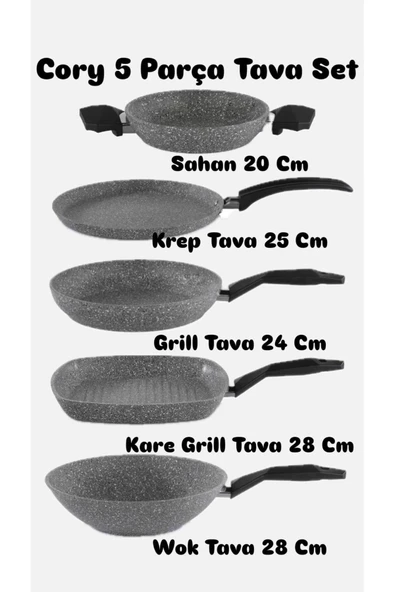 Cory 5 Parça Tava Seti Granit Wok Krep Grill Kare Grill Sahan - Resim 2