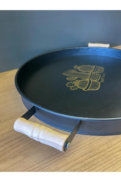 37 Cm Ahşap Saplı Siyah Metal Yuvarlak Tepsi - Kahvaltı Sunum Tepsisi - 2