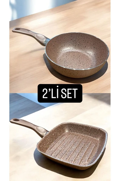 2'Li Set Mini Granit Grill Tava Ve Granit Wok Tava