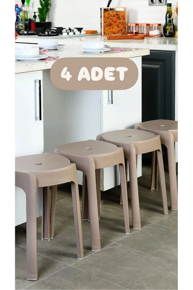 4 Adet Latte Kaymaz Ayaklı Dekoratif Iç Içe Geçebilen Plastik Tabure Mutfak Bahçe Taburesi
