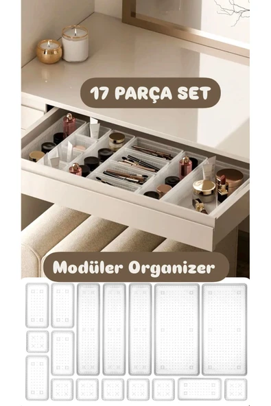Bade 17 Parça Modüler Düzenleyici Kutu Seti - Banyo Kozmetik Aksesuar Organizer Şeffaf