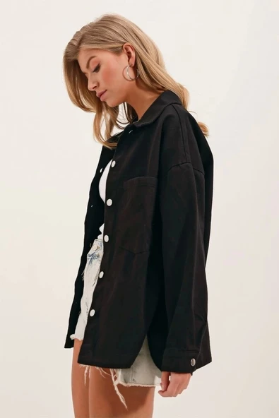 20192 Oversize Gabardin Gömlek Ceket - Siyah - Resim 2