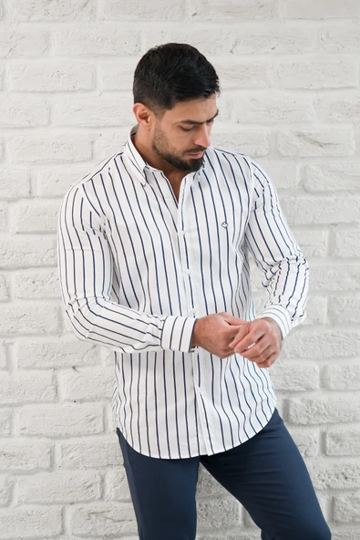 Paul Martin İnce Çizgili Yaka Düğmeli Cepsiz Regular Fit Gömlek - Resim 3