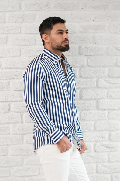 Paul Martin Kalın Çizgili Yaka Düğmeli Cepsiz Regular Fit Gömlek - Resim 10