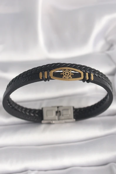 316L Çelik Gold Renk Gemi Dümen Figür Siyah Renk Çift Sıra Burgu Desenli Deri Kordon Erkek Bileklik - TJ-EB3706 ürün görseli 1