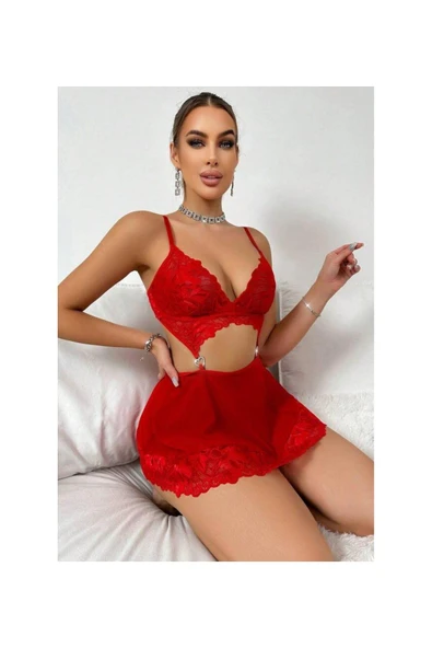 my cherie Taşlı Kalp Aksesuarlı Dantelli Mini Dekolteli Gecelik - 2