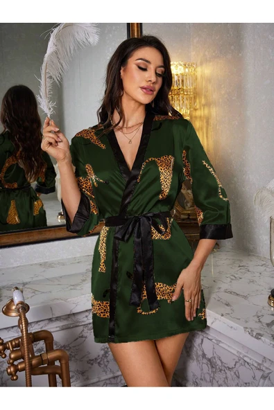 randevu Leoparlı Haki Renk Saten Mini Kimono Sabahlık - 5