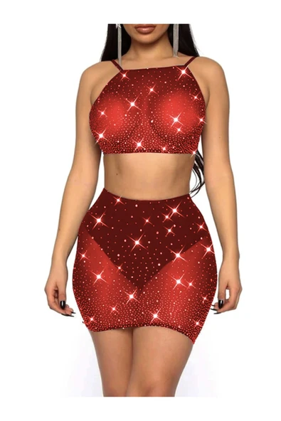 my cherie Simli Kırmızı Tül Büstiyer Etek String Takım - 4