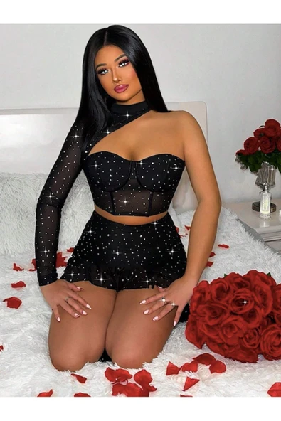 my cherie Simli İki Parça Şık Pırıltılı Çekici Takım - 6