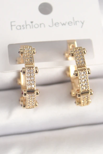 Pirinç Gold Renk Zirkon Taşlı Halka Model Kadın Küpe - TJ-BKP10372