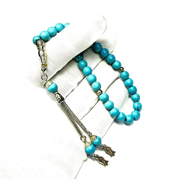 Turkuaz Firuze Taşı 8-8mm Püsküllü Esnek Misinalı Doğal Taş Tesbih