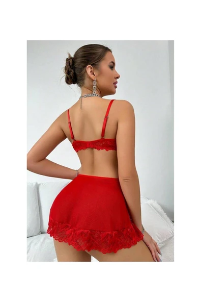 my cherie Taşlı Kalp Aksesuarlı Dantelli Mini Dekolteli Gecelik - 5